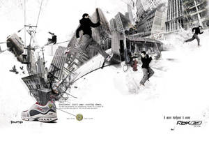 跑者在 Reebok Pump 運動鞋周圍跳過破碎的城市景觀。 — 雷姆 壁紙