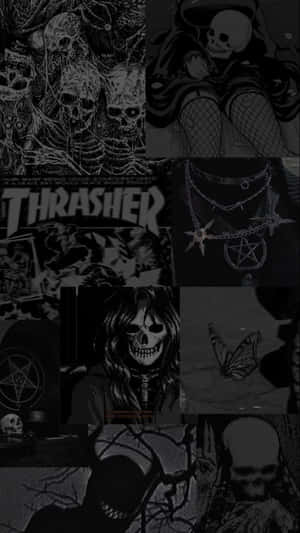 黑暗拼貼畫，包含骷髏頭、五角星和 Thrasher 雜誌圖像。 — 哥德式動圖 壁紙
