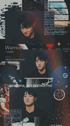 一位年輕男子的拼貼畫，帶有太空主題文字和宇宙圖像。 — 瓦赫古魯 壁紙