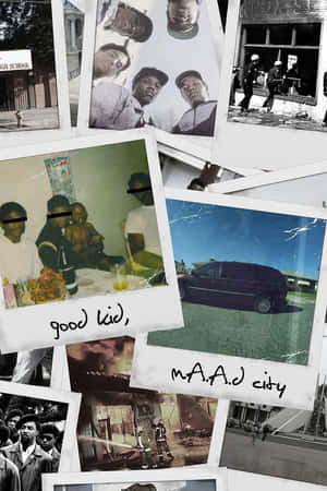 拍立得照片拼貼，展示城市街景、人物和汽車，附有文字 good kid m.A.A.d city — 美學音樂 壁紙