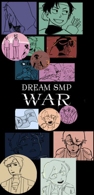 動漫角色拼貼，中央有「DREAM SMP WAR」文字。 — Pixel 4 壁紙