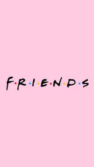 粉紅色背景，帶有黑色手寫字體的「FRIENDS」字樣和彩色圓點。 — 9:16 壁紙