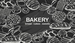 麵包店標誌，周圍有麵包、蛋糕和甜點的粉筆畫，圍繞著bakery一詞。 — 烘焙坊 壁紙