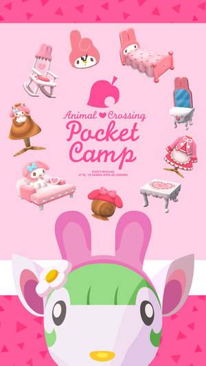 My Melody主題的Animal Crossing Pocket Camp家具和角色在粉紅色背景上。 — 動物森友會 壁紙