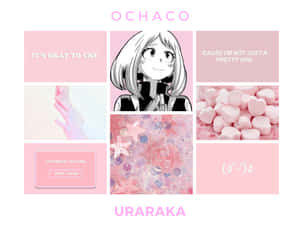 動漫角色 Ochaco Uraraka 在粉紅色拼貼畫中，配有文字和心形棉花糖。 — 粉紅色美學桌面 壁紙