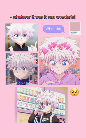 動畫角色奇犽（Killua）在粉紅色主題的拼貼畫中，帶有心形和俏皮場景。 — Galaxy Tab 壁紙