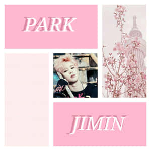 粉紅色拼貼畫，包含 Jimin 肖像、櫻花和文字方塊。 — 形容詞 壁紙
