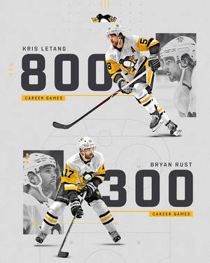 冰球運動員里程碑圖形，顯示 Kris Letang 達到 800 場職業比賽，Bryan Rust 達到 300 場職業比賽。 — 運動 壁紙