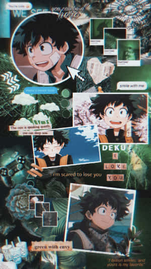 動畫角色 Deku 以多種表情姿勢呈現，搭配勵志語錄和綠色色板。 — 小莫娜 壁紙