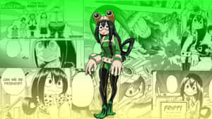 動漫角色蛙吹梅雨穿著綠色英雄服，被漫畫面板包圍。