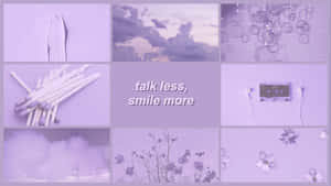 薰衣草色拼貼，包含花朵、雲朵、卡式錄音帶和棉花棒，文字「talk less smile more」。 — BTS 紫色美學 壁紙