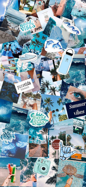 夏日海灘拼貼畫，包含海浪、棕櫚樹和「good vibes」貼紙。 — iPhone 18 Pro 壁紙