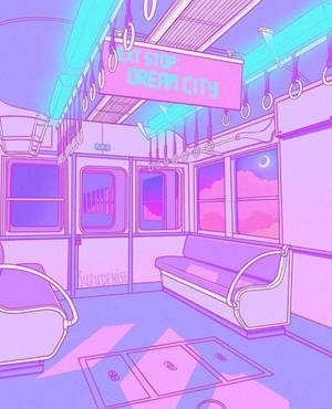 空無一人的地鐵車廂，帶有螢光粉紅和青色調，以及夢幻的月光窗景。 — BTS 紫色美學 壁紙