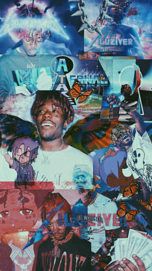 Lil Uzi Vert 拼貼，包含蝴蝶、鏈條和專輯藝術，以藍色和紫色調呈現。 — 前衛動漫 壁紙