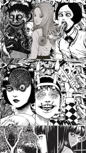 漫畫格展示黑白怪誕怪物和扭曲的人臉。