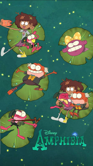 《Amphibia》卡通角色在發光的水中睡蓮上。 — 奇幻沼澤 壁紙