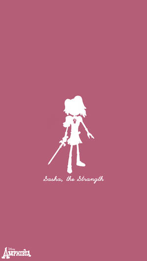 來自《Amphibia》的莎莎（Sasha）白色剪影，在粉紅色背景上手持劍。 — 奇幻沼澤 壁紙