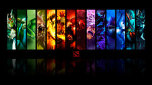 十位 Dota 2 英雄在帶有深色反射的彩色垂直面板中。 — 刀塔2 壁紙