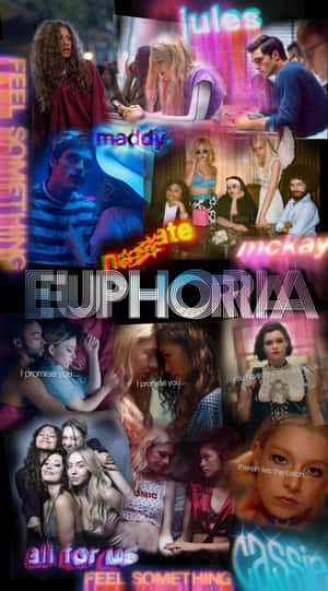 《Euphoria》電視劇角色拼貼，帶有霓虹文字和戲劇性燈光。 — 精細 壁紙