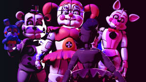 在黑暗、陰森的環境中，來自《Five Nights at Freddy's》的五個電子動畫角色。