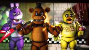 在昏暗的街機中的三個來自《Five Nights at Freddy's》的電子動畫角色。 — 狂歡三寶 壁紙