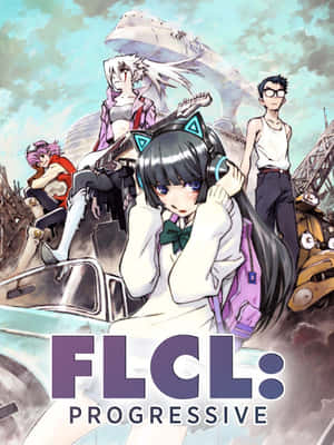FLCL Progressive 動漫海報，包含角色和巨大機器人。 — 春野櫻 壁紙