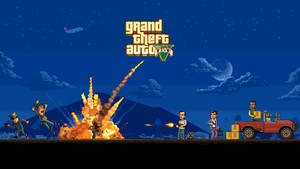 來自《Grand Theft Auto V》的夜間像素藝術場景，帶有爆炸和開火的角色。 — 像素藝術 壁紙