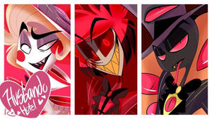 來自 Hazbin Hotel 的三個動畫惡魔角色，有紅眼睛和帽子。 — 地獄客棧 壁紙