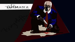 《Hitman 2 沉默刺客》角色插圖，帶有槍和血跡。 — 電玩遊戲 GIF 壁紙