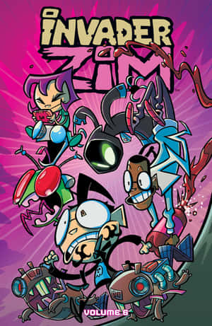 Invader Zim 角色在色彩鮮豔的混亂動作場景中。 — Infinix Xpad GT 壁紙