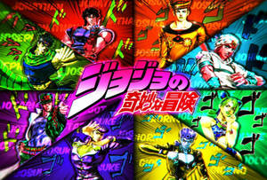 《JoJo的奇妙冒險》動漫角色以彩色動作姿勢搭配日文字幕。 — 強尼·喬斯達 壁紙