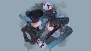 來自《NieR Automata》的兩個動漫角色，在水彩背景上擺出動態姿勢。 — 2B GIF 壁紙