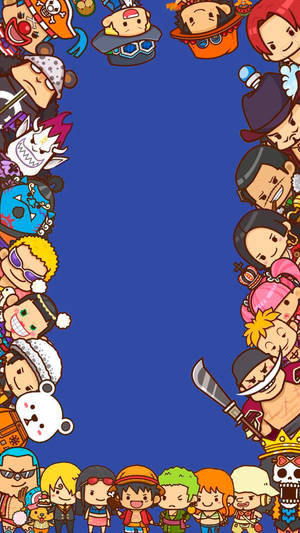 來自《One Piece》的Q版動畫角色框住藍色背景。