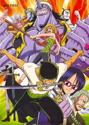 《One Piece》動漫角色在充滿刀劍和強烈表情的激烈戰鬥場景中。 — iPad Air 壁紙