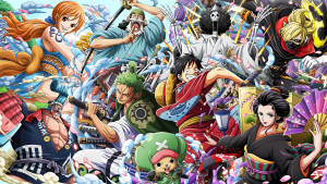 《One Piece》動漫角色在充滿動作的戰鬥場景中，帶有多彩效果。 — 酷炫卡通 壁紙