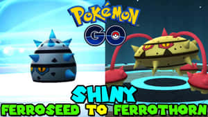 來自 Pokémon GO 的色違鐵種子與鐵荊棘在發光競技場中，帶有粗體文字。 — 寶可夢 壁紙