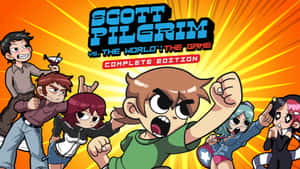 Scott Pilgrim 和他的盟友以動漫風格在明亮的橙色背景上舉起拳頭。
