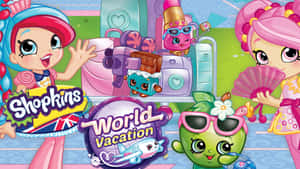 Shopkins 角色在色彩繽紛的假期中，與糖果主題的車輛和旅行物品。 — 可愛 壁紙