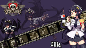 來自《Skullgirls》的動畫女孩Filia正在吃薯條和喝汽水，並有一條膠片條展示她的戰鬥場景。 — 高清骷髅 壁紙
