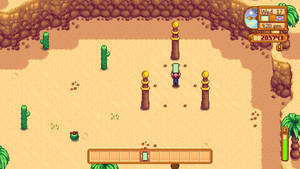 Stardew Valley 遊戲場景，顯示沙漠中有仙人掌和玩家角色在石柱附近。 — 沙漠 壁紙