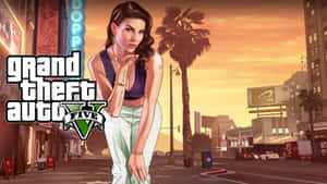 女性GTA V角色在日落時分的城市街道上擺姿勢，背景有棕櫚樹和霓虹招牌。 — 電玩遊戲 GIF 壁紙