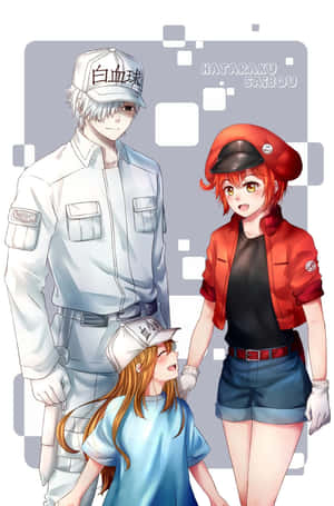 來自《工作細胞》的三個動漫角色穿著工作制服手牽手。 — 細胞的工作 壁紙