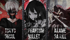 來自《東京喰種 Phantom Bullet》和《斬！赤紅之瞳》的三個動漫角色在黑暗風格化的面板中。 — 斬！赤紅之瞳 壁紙