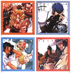 來自《槍神Trigun》的四個動漫角色肖像，表情和姿勢各異。 — Pixel 9 Pro Fold 壁紙