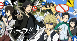 來自《無頭騎士異聞錄 DuRaRaRa!!》的動畫群體被城市中漂浮的交通標誌包圍。 — 黒死牟 壁紙