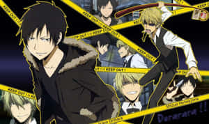 來自《無頭騎士異聞錄 DuRaRaRa!!》的動畫角色被黃色禁止進入膠帶包圍。 — 黒死牟 壁紙