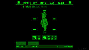 《異塵餘生》Pip-Boy角色狀態畫面，帶有綠色數位顯示。 — 界王拳 壁紙