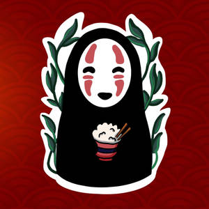 無臉男角色在紅色波浪圖案背景上手持一碗米飯和筷子。 — 無臉男 壁紙