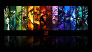 十個Dota 2英雄在彩色垂直面板中，下方有發光標誌。 — 電玩遊戲 GIF 壁紙
