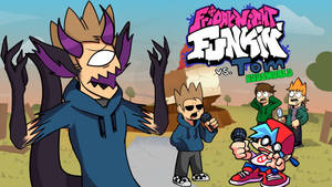 Friday Night Funkin' vs Tom角色在沙漠環境中帶有塗鴉文字。 — 湯姆與傑利卡通 壁紙
